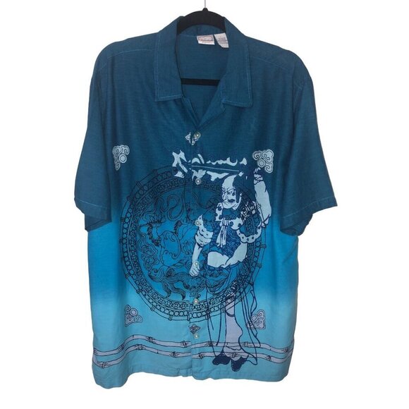 Mens Shirt Size L Button Front Casual Short Sleeve Blue Samurai Hawaiian VTG - Picture 1 of 6
